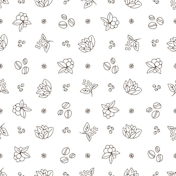 矢量手画咖啡杯和咖啡豆与树叶的图案。咖啡带走简单的无缝图案，纸杯上的白色背景，素描纹理背景，咖啡无缝图案图片下载