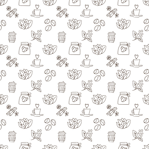 矢量手画咖啡杯和咖啡豆与树叶的图案。咖啡带走简单的无缝图案，纸杯上的白色背景，素描纹理背景，咖啡无缝图案图片下载