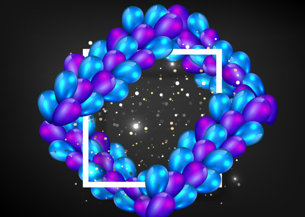 闪亮的紫色和金属蓝色气球，白色框架在闪亮的条纹表面，图片下载