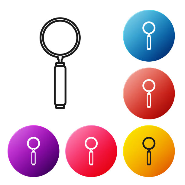 黑线放大镜图标孤立在白色背景上。搜索，聚焦，缩放，商业符号。设置彩色圆形按钮图标。矢量图图片下载