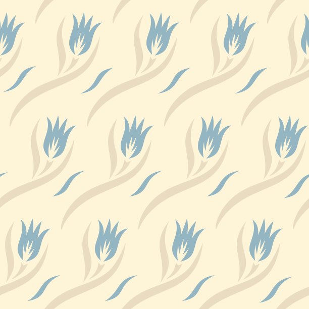 蓝色花朵(郁金香)，叶子和波浪无缝图案。图片下载