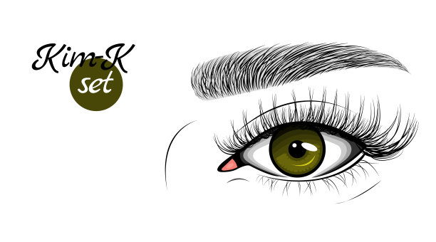 向量插图的深绿色女性眼睛与延伸的睫毛和眉毛。Kim-K集。图片下载