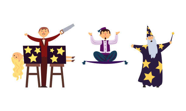 马戏团魔术师角色表演魔术表演设置矢量插图图片下载