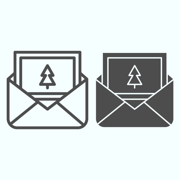 消息卡线和固体图标。除夕的问候明信片，信封里有枞树。圣诞矢量设计概念，轮廓风格的象形图上的白色背景，用于web和应用程序。图片下载