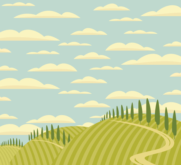 向量景观与绿色的山，道路和云素材图片