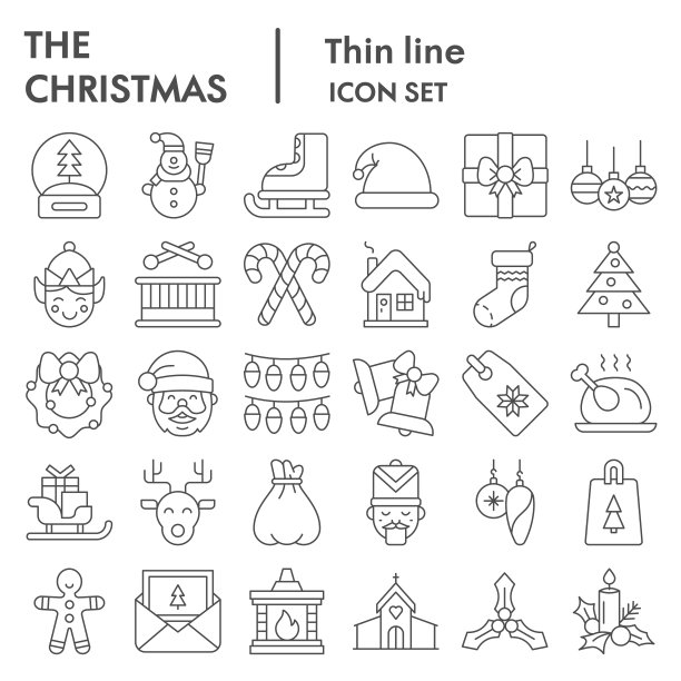 圣诞细线图标集。假日和新年系列，矢量草图，标志插图，网页符号，线性象形图包装孤立在白色背景，eps 10。图片下载