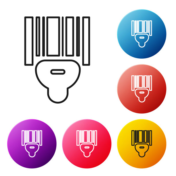 黑线扫描仪扫描条码图标隔离在白色背景上。条形码标签贴纸。用棒材交货的标识。设置彩色圆形按钮图标。矢量图图片下载