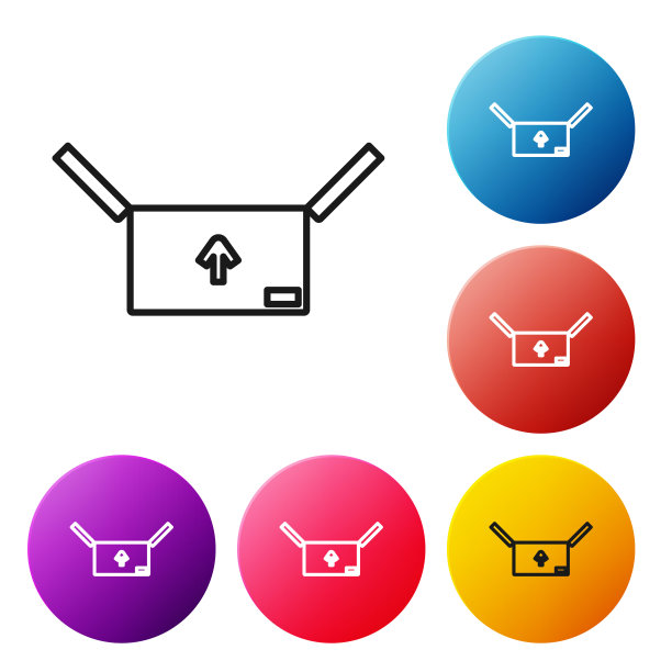 黑色线纸板箱与交通标志图标孤立在白色背景。盒子，包裹，包裹标志。交付、运输和运输。设置彩色圆形按钮图标。矢量图图片下载