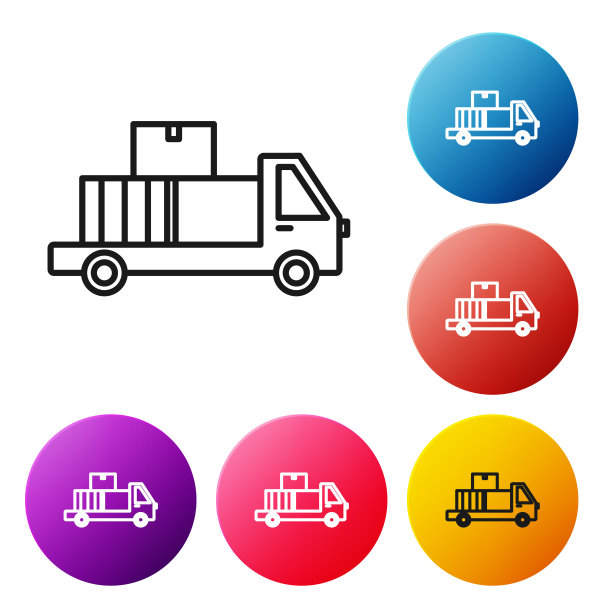 黑色线运送卡车与纸箱后面的图标隔离在白色背景。设置彩色圆形按钮图标。矢量图图片下载