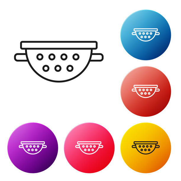 黑色线厨房滤锅图标孤立在白色背景。烹饪用具。餐具的迹象。设置彩色圆形按钮图标。矢量图图片下载