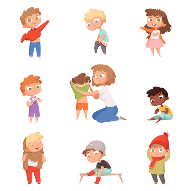 打扮的孩子。孩子们换衣服、衣服、裤子和鞋子矢量图片集图片下载