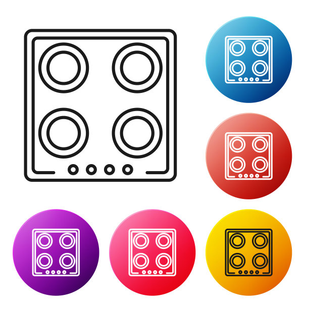 黑线煤气炉图标孤立在白色背景上。炉灶面签。滚刀有四个圆形燃烧器。设置彩色圆形按钮图标。矢量图图片下载