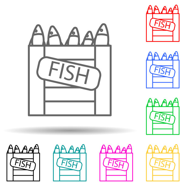 鱼在盒子多颜色风格的图标。简单的细线，轮廓矢量鱼生产图标的用户界面和用户体验，网站或移动应用程序图片下载