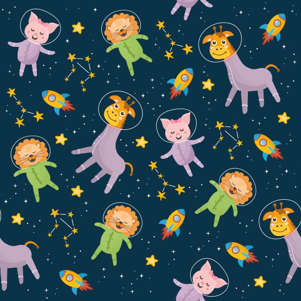 空间无缝模式。儿童插画与不同的空间元素。宇航员动物、狮子、小猪、长颈鹿、星星、火箭、星座。外太空。图片下载