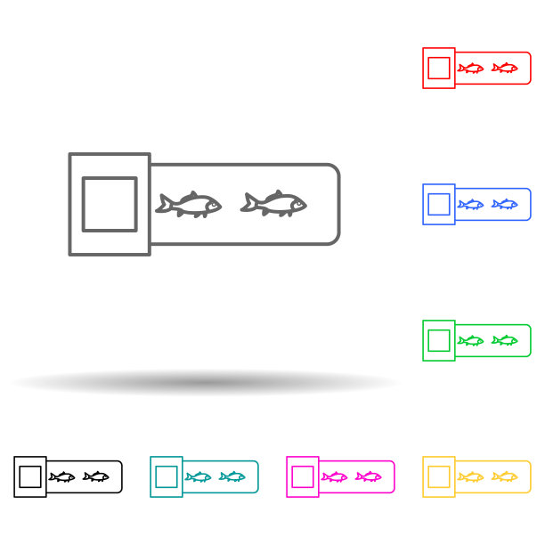 生产线上的鱼多色造型图标。简单的细线，轮廓矢量鱼生产图标的用户界面和用户体验，网站或移动应用程序图片下载