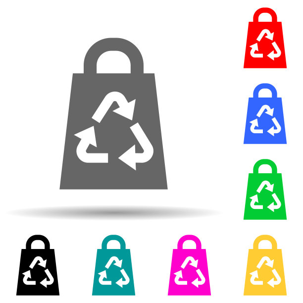 袋子回收绿色多色风格图标。简单的字形，平面矢量绿色和平图标的用户界面和用户体验，网站或移动应用程序图片下载