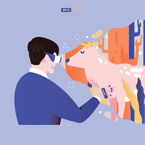 增强现实和虚拟现实概念模板矢量插图。人类在平板电脑上观看3D动物图片下载