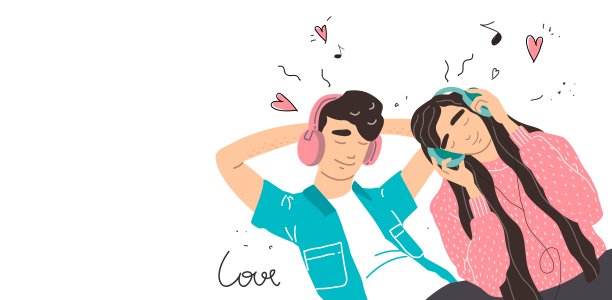 男孩和女孩戴着耳机听音乐图片下载