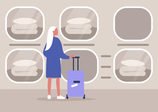 未来的胶囊酒店内部，个人睡眠舱，年轻女性游客提着一个手提箱图片下载