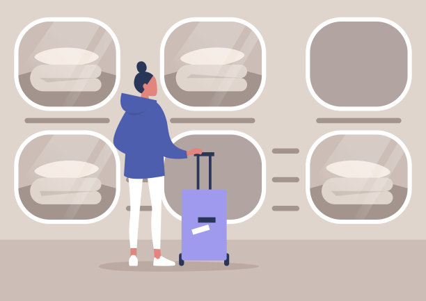 未来的胶囊酒店内部，个人睡眠舱，年轻女性游客提着一个手提箱图片下载