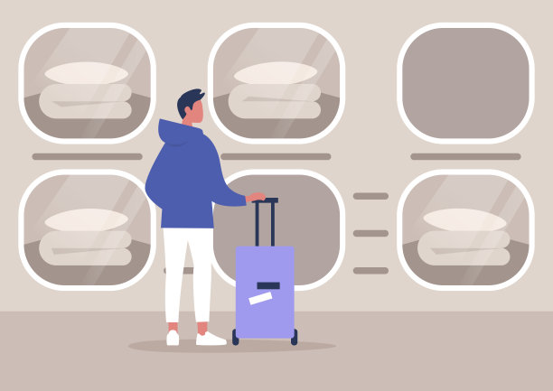 未来风格的胶囊酒店内部，个人睡眠舱，年轻的男性游客拿着一个手提箱图片下载