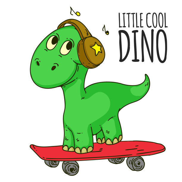 酷恐龙，恐龙听音乐。卡通儿童吉祥物，儿童服装。时尚的插图t恤设计图片下载