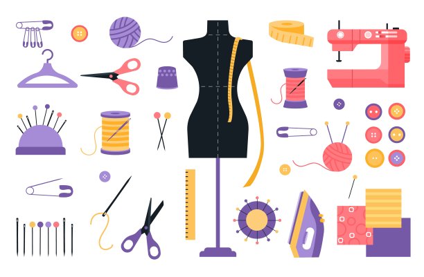 矢量裁缝图标设置与缝纫和编织工具和配件-缝纫机，针，线，线轴，人体模型，铁，针床，剪刀，衣架，纽扣，织物，别针，顶针。图片下载
