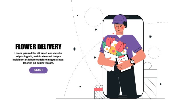 快递员，快递员在智能手机屏幕上为客户拿着订花捧花。在网上订购鲜花和礼品或在网上申请的经营理念。图片下载