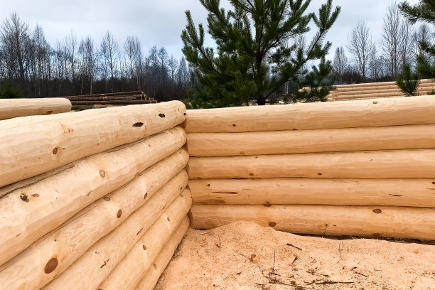 在建筑基地烘干和组装木质木屋。图片下载
