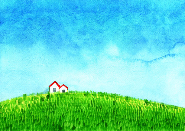 房子在绿草草甸与云天水彩手绘背景。素材图片