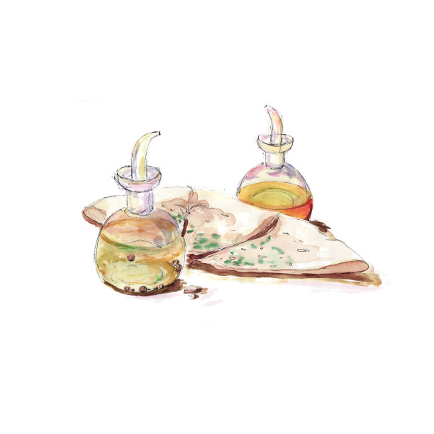 香浓的佛卡夏和玻璃瓶子与油和醋-水彩素描图片下载