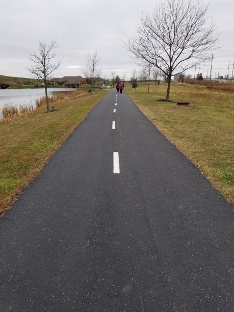 湖边公园内铺砌的步道，远处有一群行人图片下载