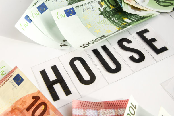 欧元现金的背景。欧元钞票，白色背景上有房屋题字图片下载
