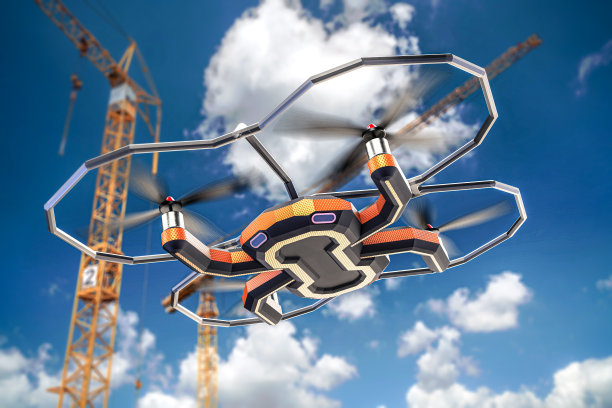 带4k摄像头的无人机在白天的天空飞行。图片下载