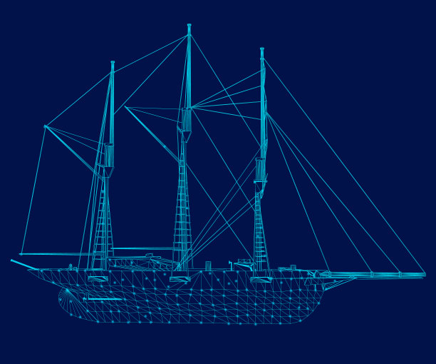 船的线框的蓝色线在一个黑暗的背景。侧视图。矢量图图片下载