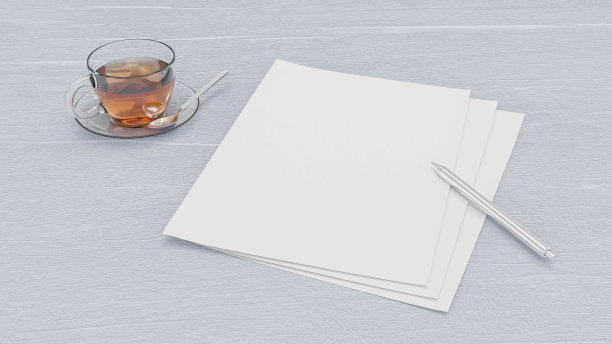 纸笔记与金属笔和玻璃杯茶杯从上鸟瞰白色木制书桌3d渲染插图图片下载