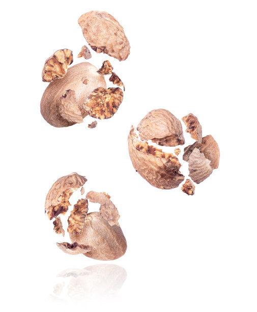 一组碎肉豆蔻在空中的白色背景特写图片下载