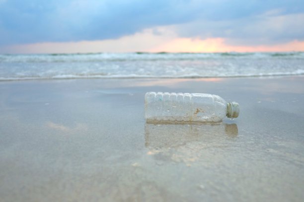 一个塑料瓶的饮用水在海滩上乱扔，以海浪为背景图片下载