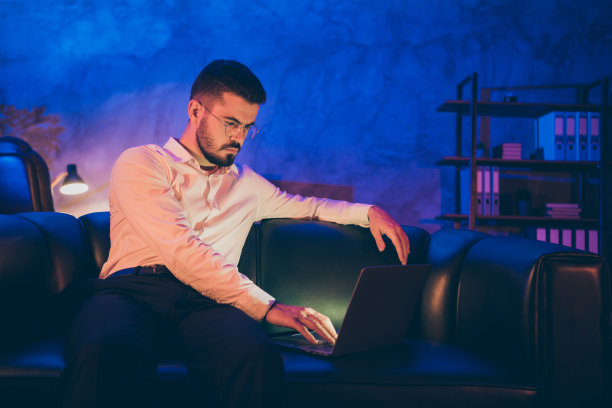 这张照片上，一个沉思、自信、严肃的男人坐在沙发上，留着胡子浏览着他的笔记本电脑，寻找有关公司收入增长的新信息图片下载