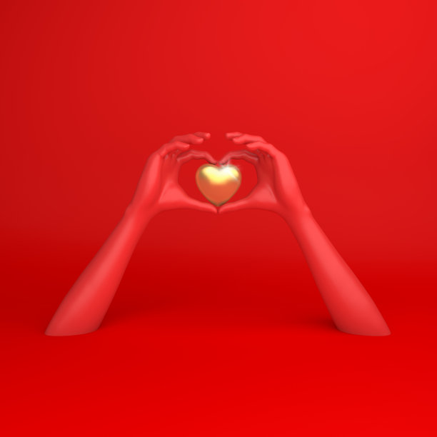 情人节快乐，心形的红手，设计创意概念，贺卡，横幅，模拟，模板，布局，复制空间文本区。3 d渲染插图。图片下载