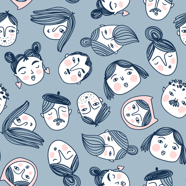 矢量无缝模式与素描人脸的人。手绘的风格。织物、墙纸或包装纸的可爱简单设计。图片下载