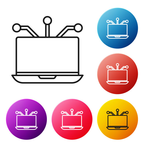 黑线笔记本电脑图标孤立在白色背景。技术和设备的概念。设置彩色圆形按钮图标。矢量图图片下载