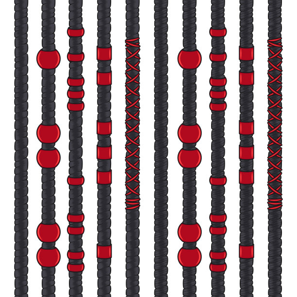 一套彩色无缝模式与黑色的发辫和红色的珠宝。孤立的矢量对象。图片下载