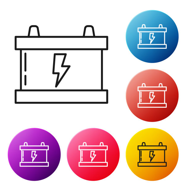 黑线汽车电池图标孤立在白色背景。蓄能器蓄电池能量动力和电能蓄能器蓄电池。闪电。设置彩色圆形按钮图标。矢量图图片下载