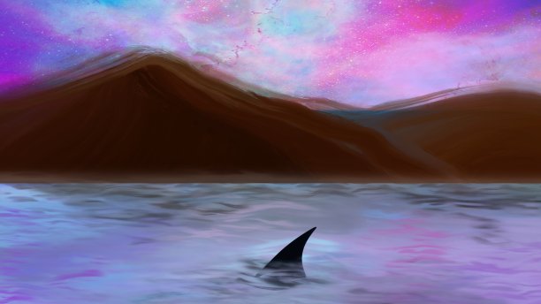 山水画，大海与鲨鱼和彩色的天空背景图片下载