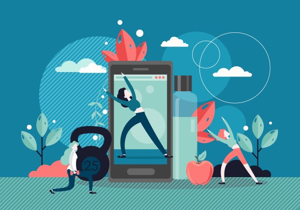 在线运动训练，矢量平面风格设计插画图片下载