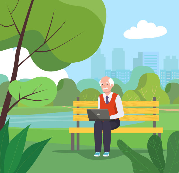 爷爷在公园的长椅上用笔记本电脑休息。矢量平面插图素材图片