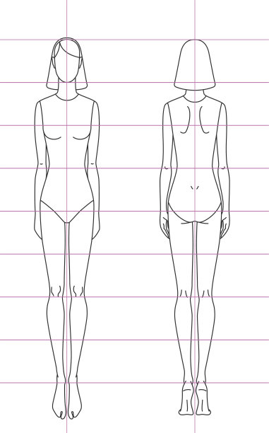 妇女素描技术制图。矢量细线女孩模特的时装素描模板。女人的身体。手在腰部的位置。10 eps设计，分层分离。图片下载