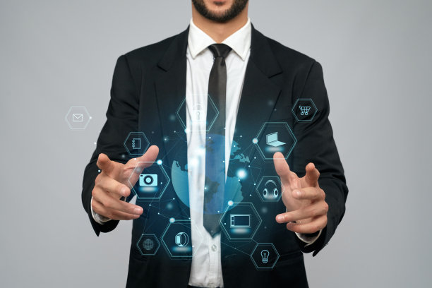 商人手持虚拟3D投影在武器。图片下载