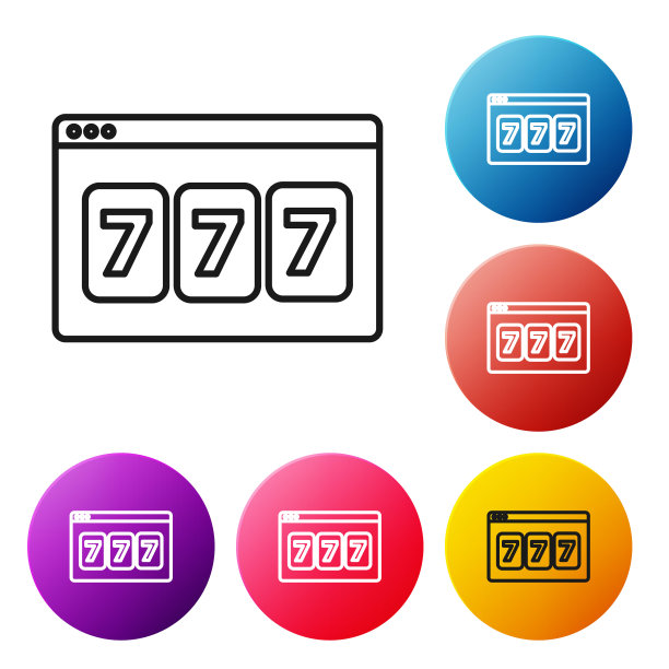 黑线在线老虎机与幸运7彩票图标孤立在白色背景。在线赌场。设置彩色圆形按钮图标。矢量图图片下载